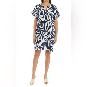 Ellie Tahari Floral Printed Split Neck Linen Shirt Dress